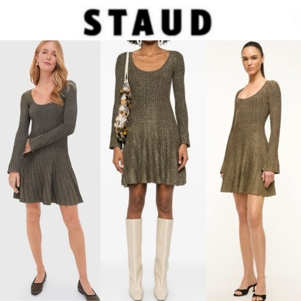 STAUD RAQUEL DRESS METALLIC GOLD LONG SLEEVE SIZE XS NWT 395$